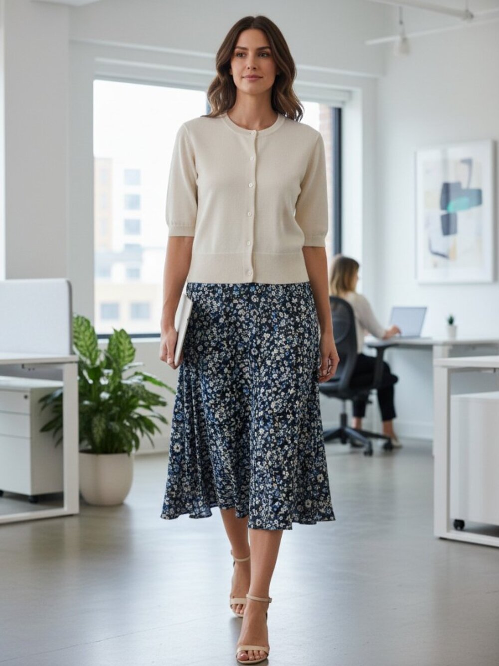 White + Warren Cashmere Cream Knit Cardigan with Subtle Stitch Detail, Small